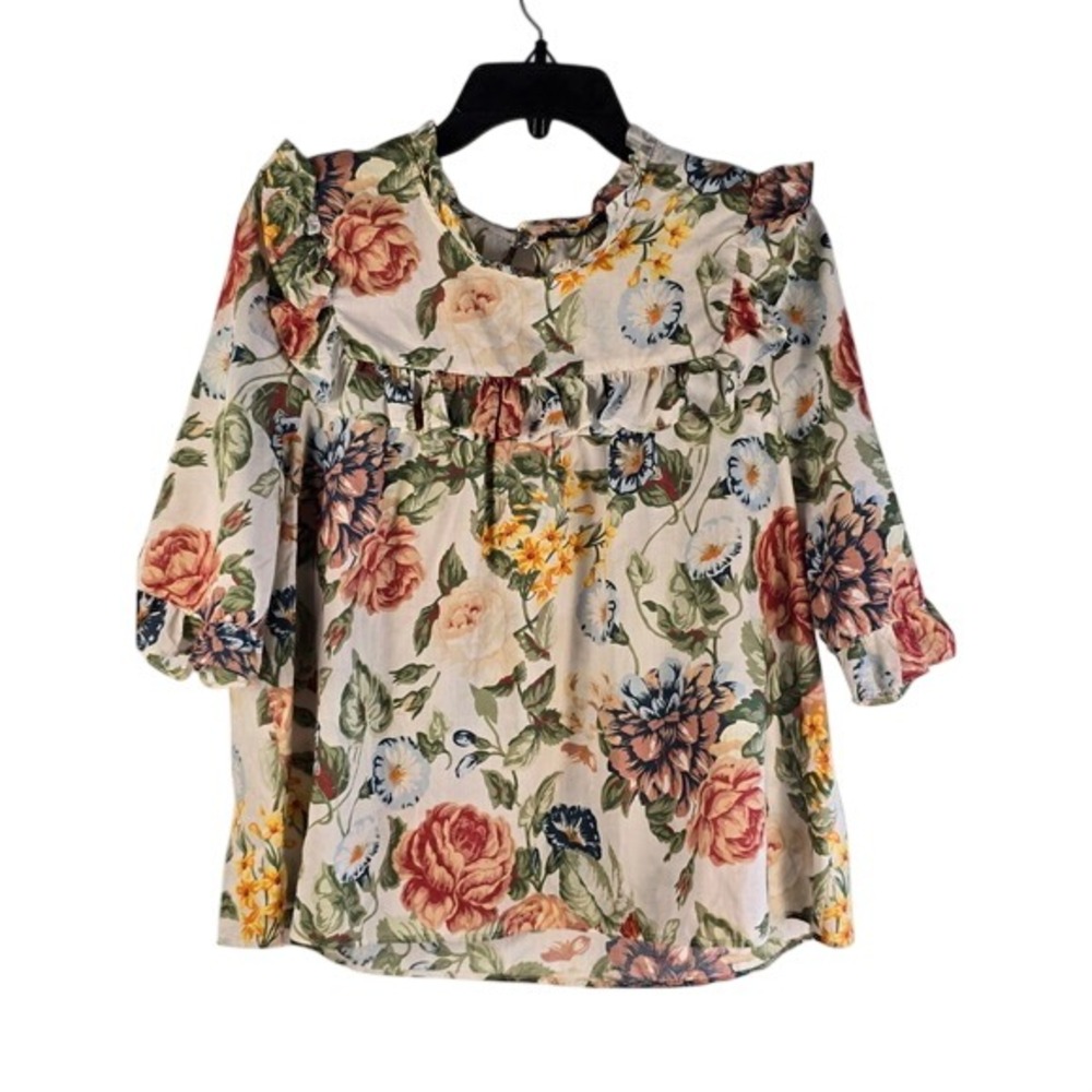 Zara Woman Floral Ruffle Cotton Blouse XL Multicolor Cottagecore Top Boho